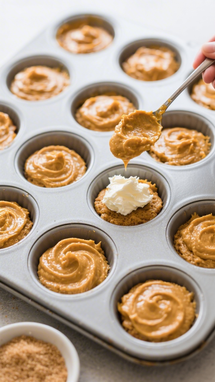 Cooking process: Overhead shot of a lined 12-cup muffin pan mid-assembly—each cup partially filled