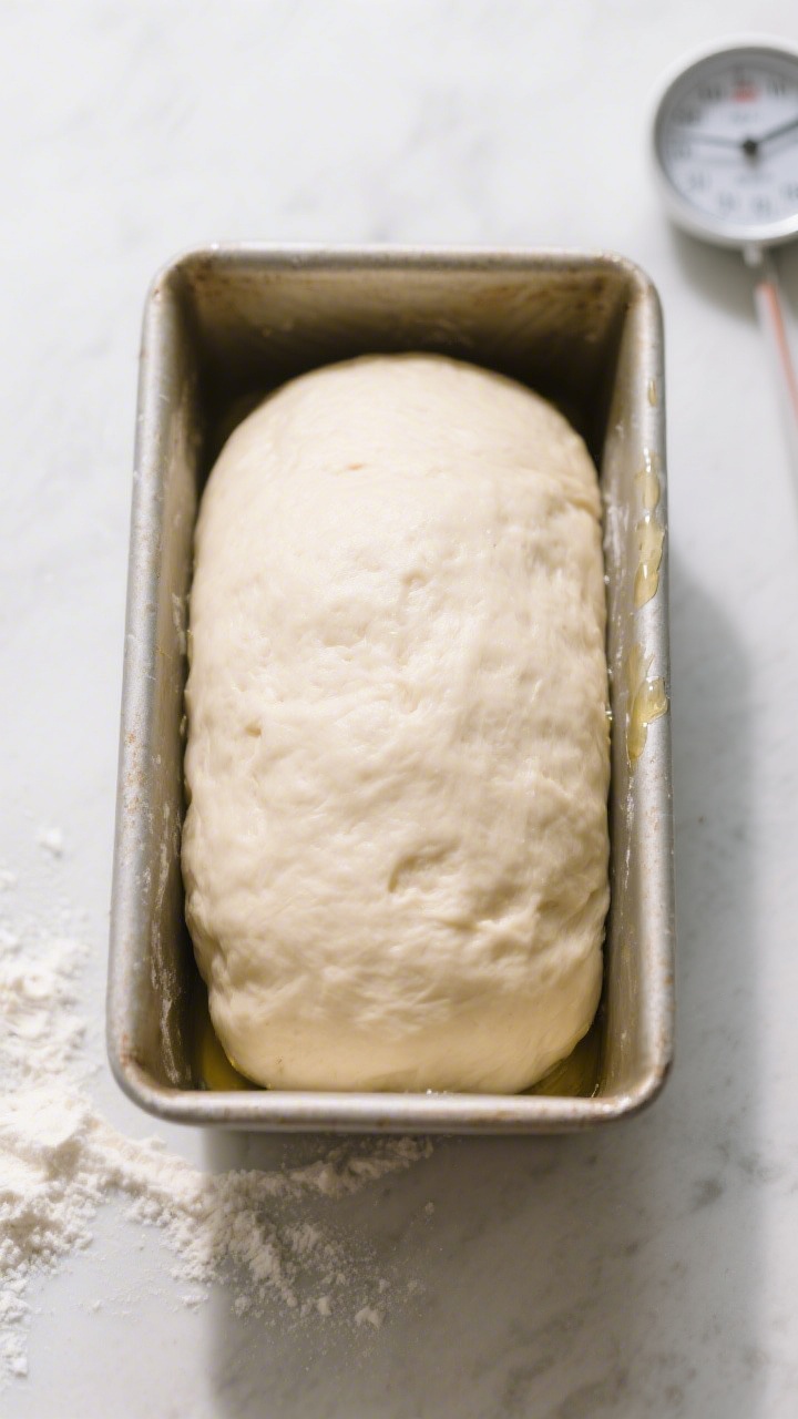 Cooking process: Overhead shot of a smooth, elastic dough shaped into a tight loaf and nestled seam-