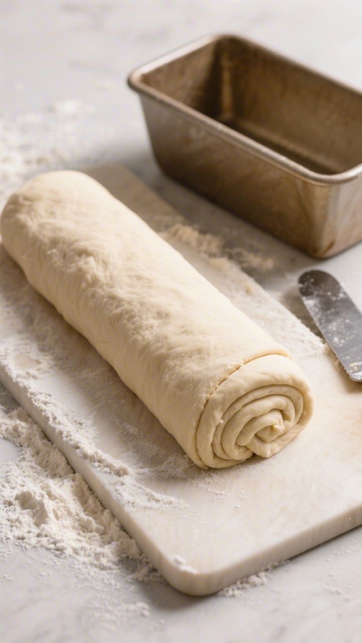Cooking process: Overhead shot of a smooth, elastic wheat dough being shaped into a tight roll on a