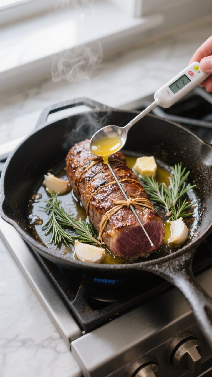 Cooking process: Overhead shot of a tied beef tenderloin just after stovetop searing, in an oven-saf
