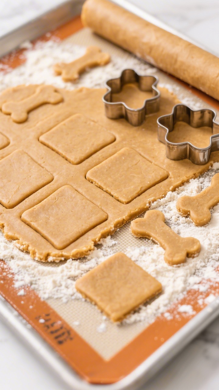 Cooking process: Overhead shot of rolled pumpkin-peanut butter dough at precisely 1/4-inch thickness