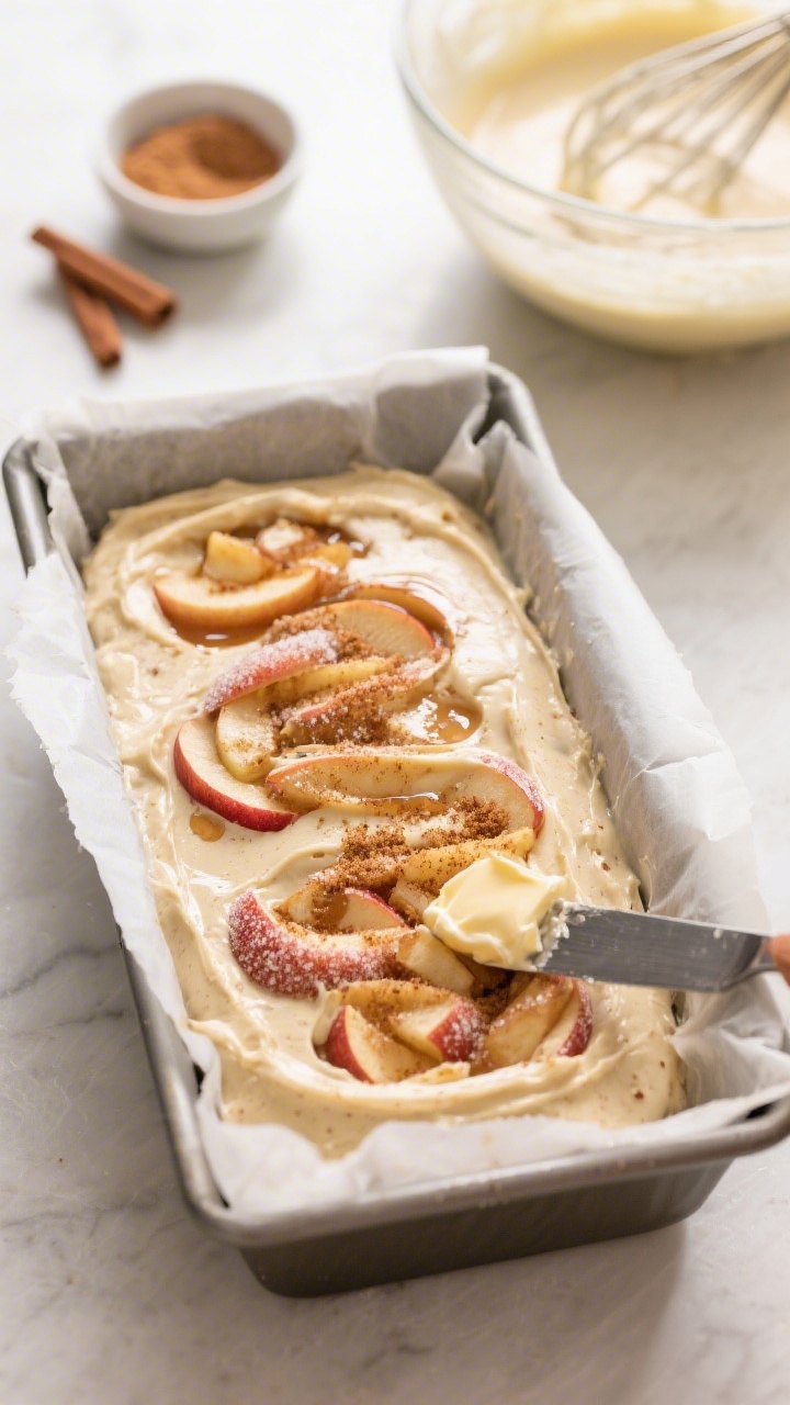 Cooking process: Overhead shot of the assembled loaf in a parchment-lined 9x5-inch pan right before