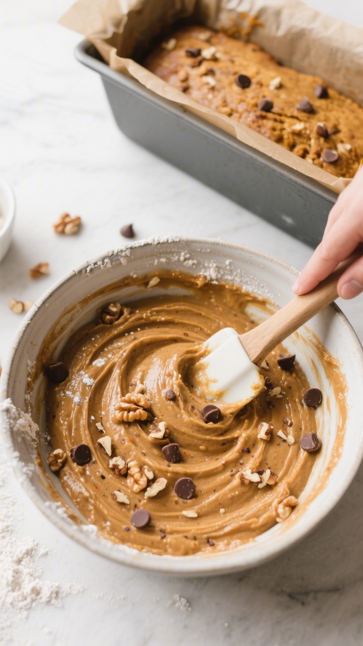 Cooking process: Overhead shot of the batter being gently folded in a bowl with a spatula—thick pu