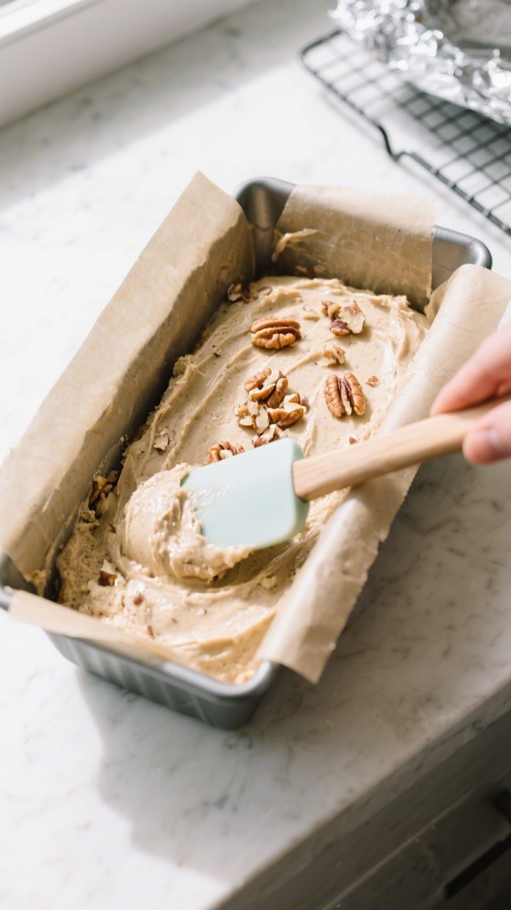 Cooking process: Overhead shot of the batter being smoothed into a parchment-lined 9x5-inch loaf pan