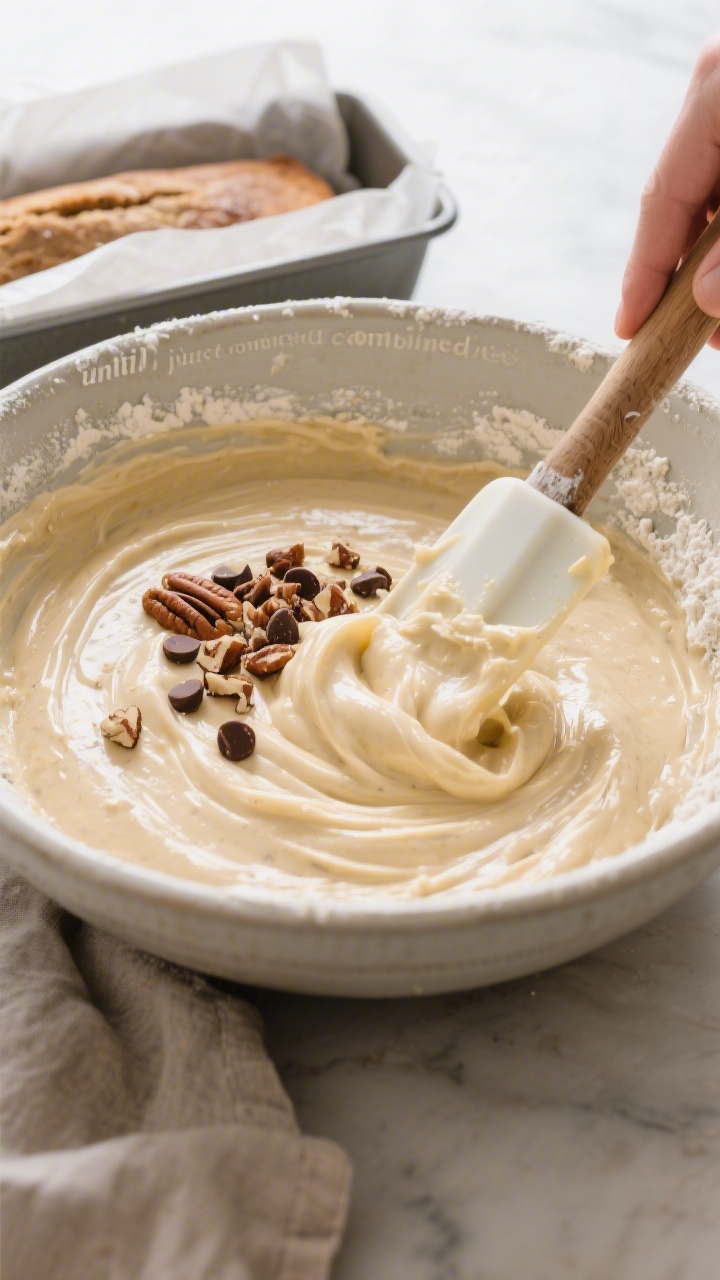 Cooking process: Overhead shot of the batter being folded “until just combined” in a large mixin