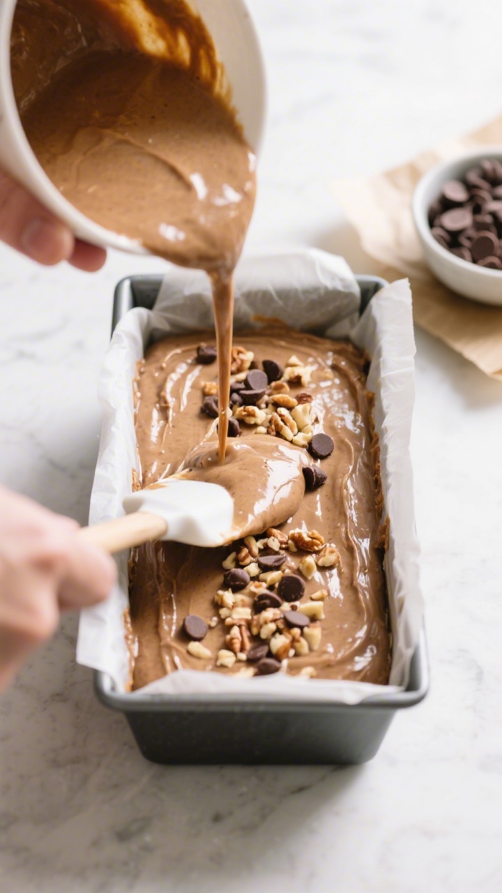 Cooking process: Overhead shot of the finished batter being poured into a parchment-lined 9x5-inch l