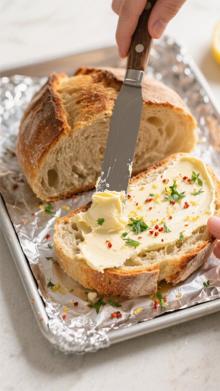 Cooking process: Overhead shot of the halved loaf after the initial pre-toast, being generously spre