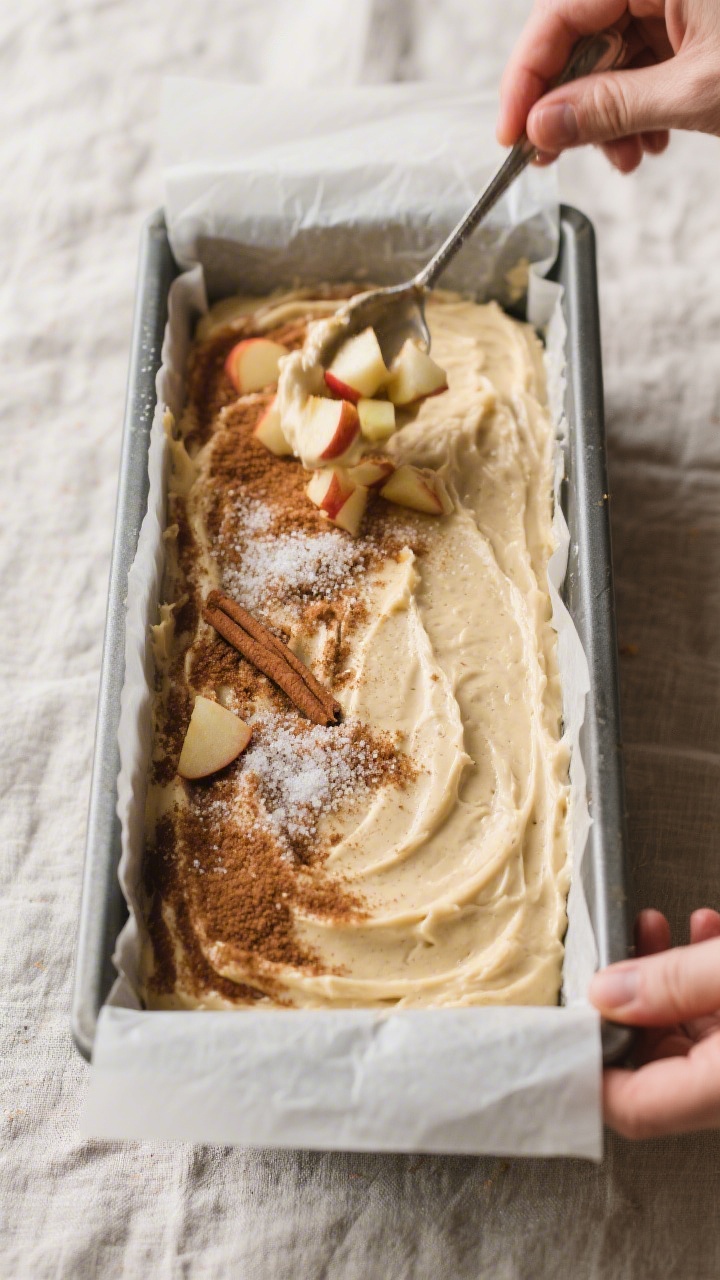 Cooking process: Overhead shot of the loaf pan during assembly—half the batter smoothed in, an eve