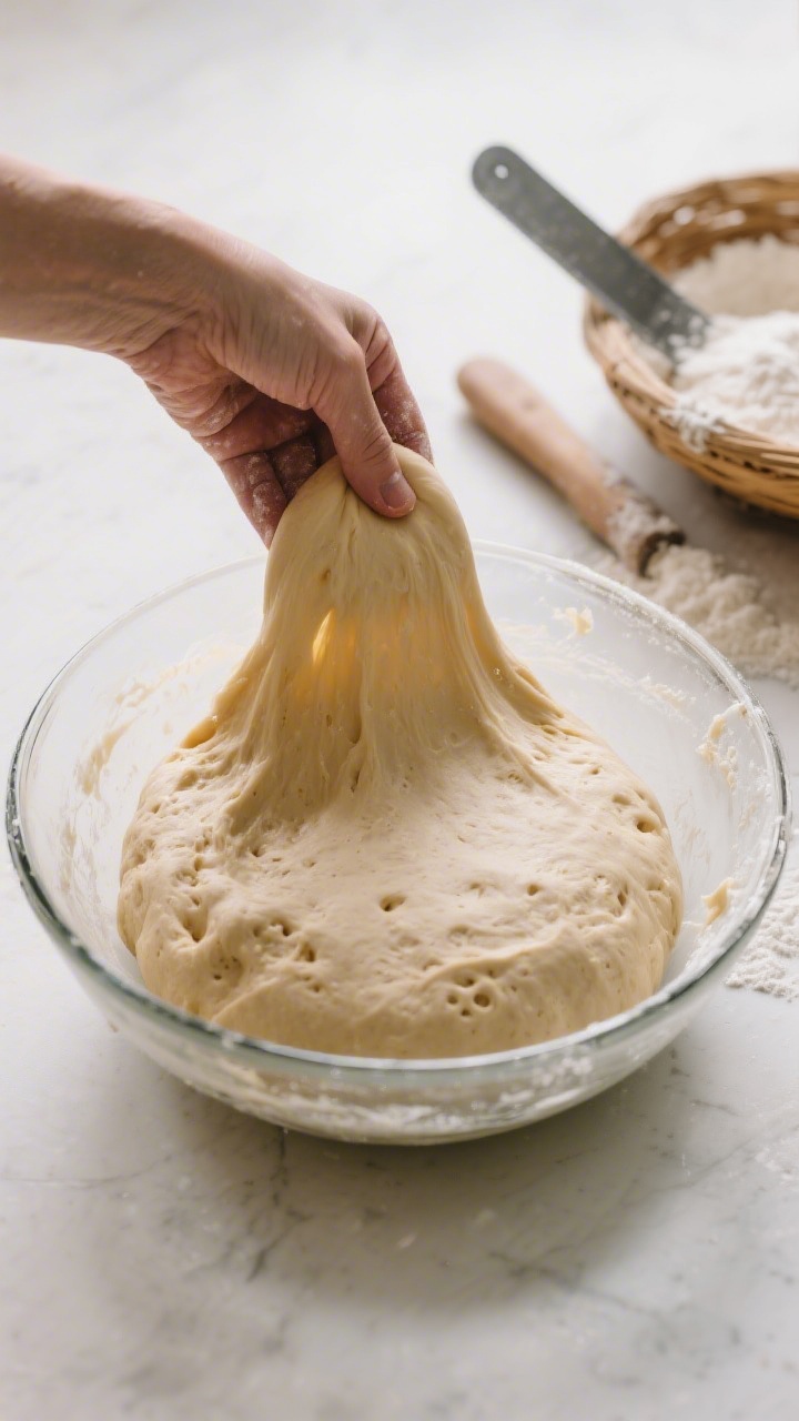 Cooking process: Overhead shot of the pumpkin sourdough dough during a stretch-and-fold round in a w