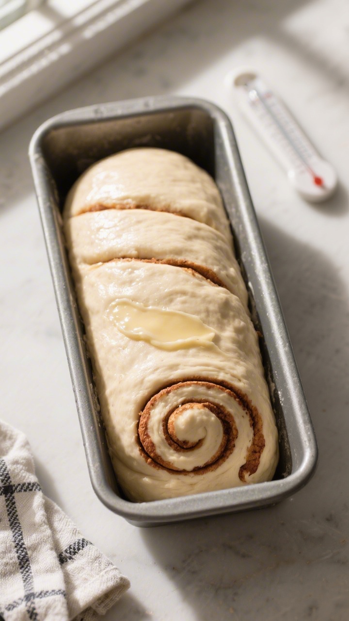 Cooking process: Overhead shot of the shaped cinnamon bread log nestled seam-side down in a greased