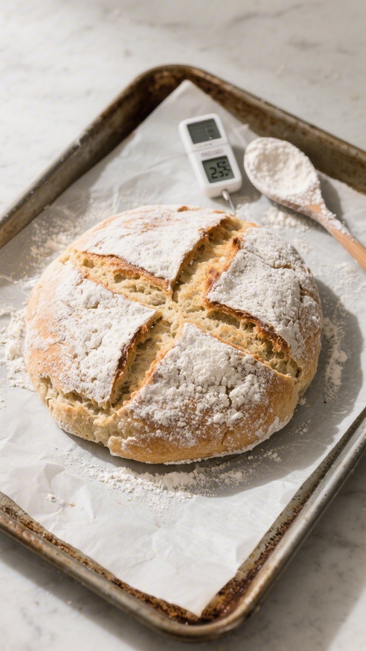 Cooking process: Overhead shot of the shaped, fully formed soda bread round on parchment-lined bakin