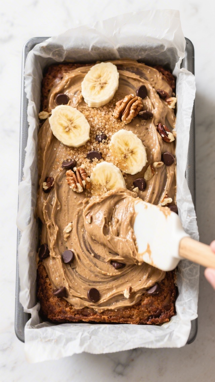 Cooking process: Overhead shot of the thick, scoopable banana bread batter being smoothed into a par