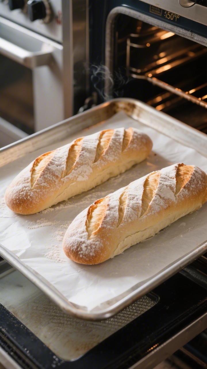 Cooking process: Overhead shot of two shaped French bread loaves on a parchment-lined sheet pan righ