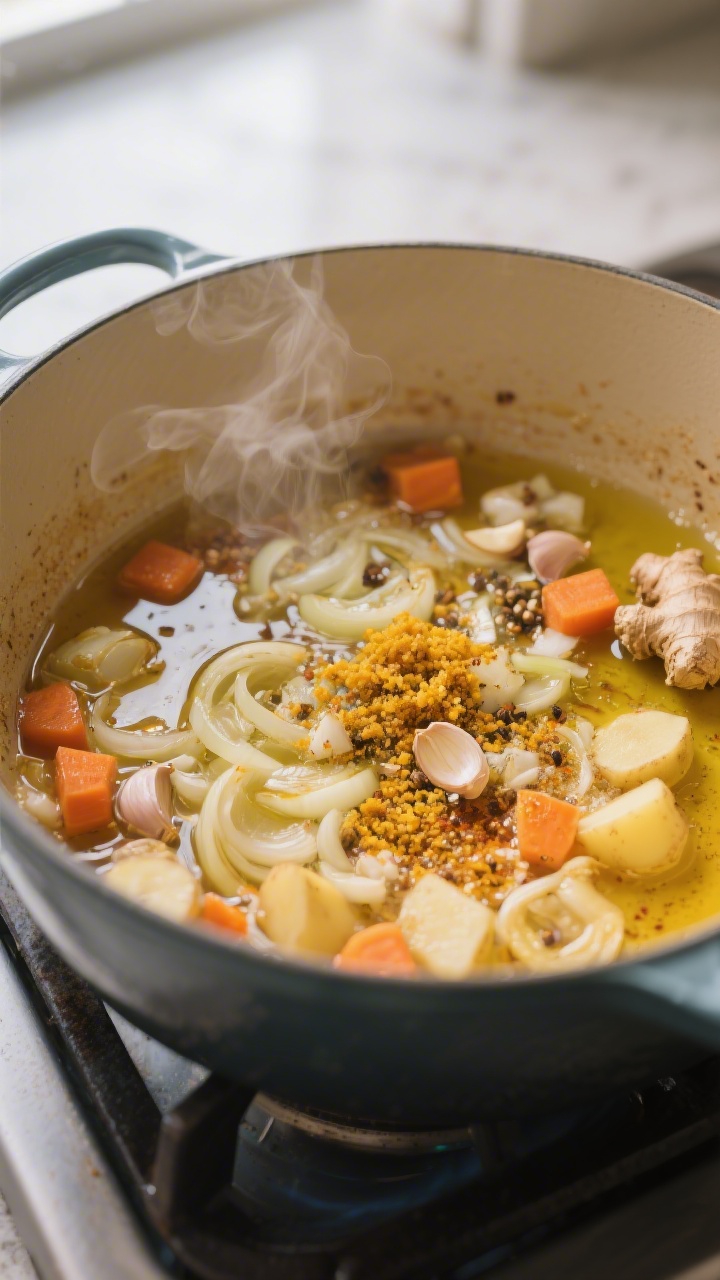 Cooking process — sauté and bloom: A medium-close shot of a Dutch oven on the stovetop with softe