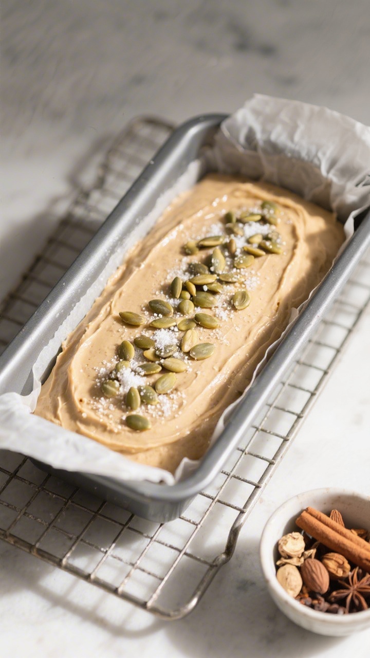 Cooking process shot: Overhead view of the prepared loaf in a parchment-lined 9x5-inch pan right aft