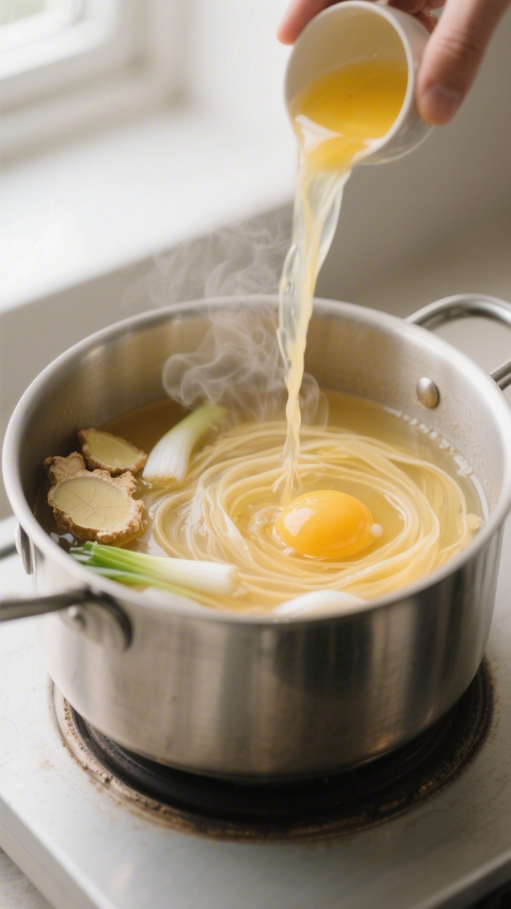 Cooking process — Silky egg ribbons forming in a gently swirling pot of golden chicken broth, thin