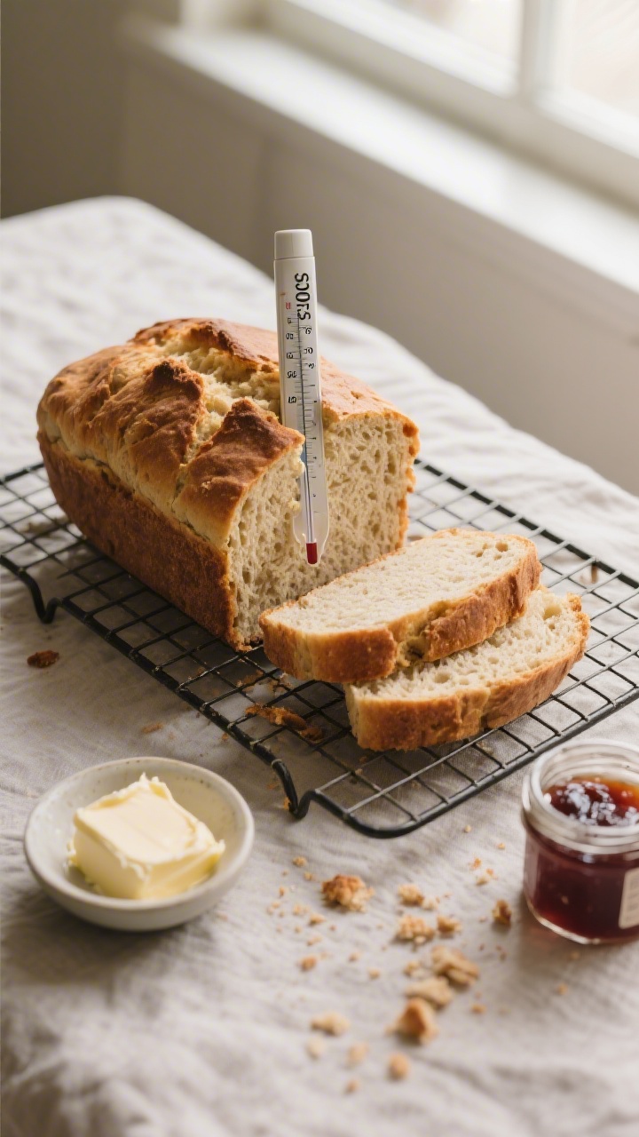 Cooking process: Soda bread cooling on a wire rack, thermometer inserted showing 200–205°F for do