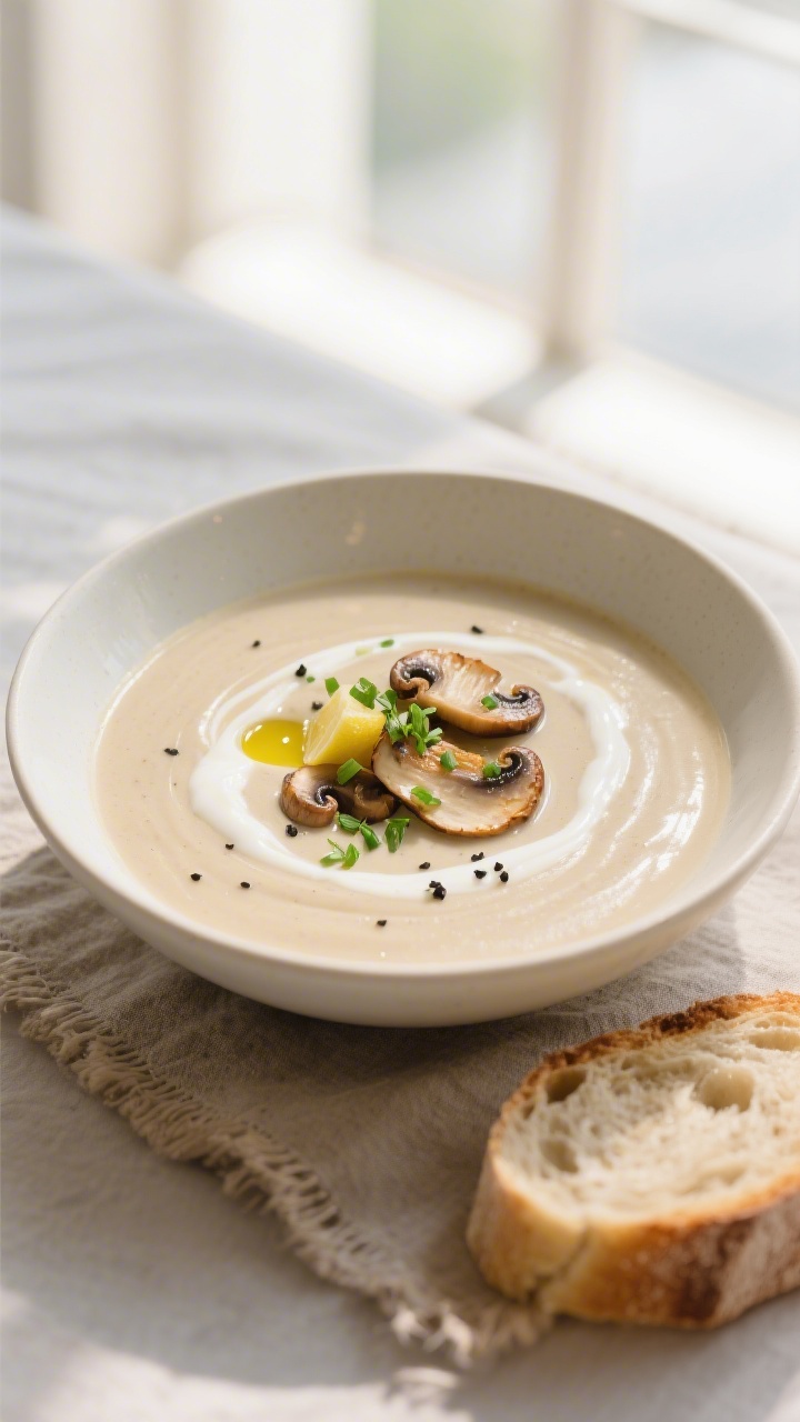 Final dish beauty plate: Creamy mushroom soup blended silky-smooth, served in a matte off-white shal