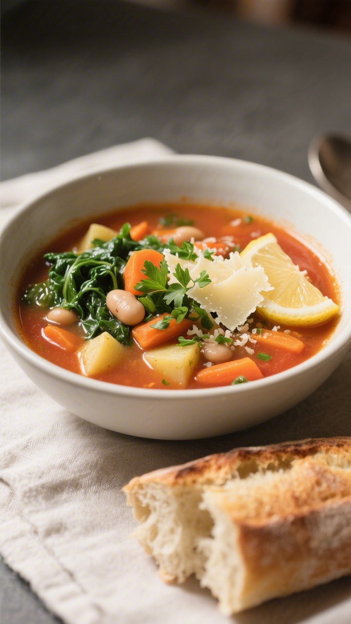Final dish, plated: Cozy bowl of finished vegetable soup ladled hot into a wide, matte-white bowl, t