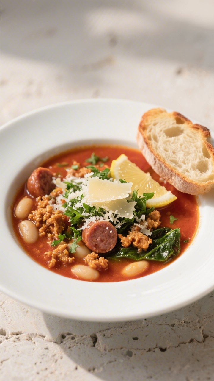 Final dish, plated presentation: Restaurant-quality bowl of finished sausage soup, garnished with fr