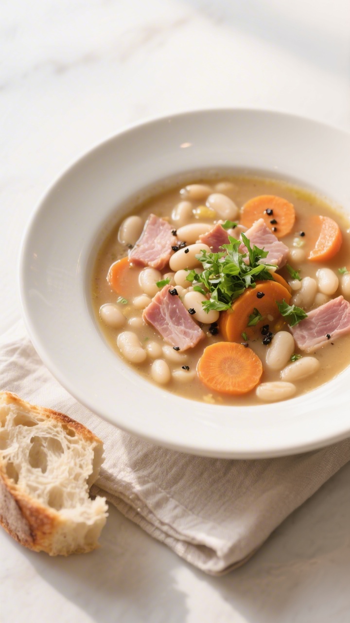 Final dish presentation: A generous bowl of ham and bean soup plated in a wide, matte white bowl, to