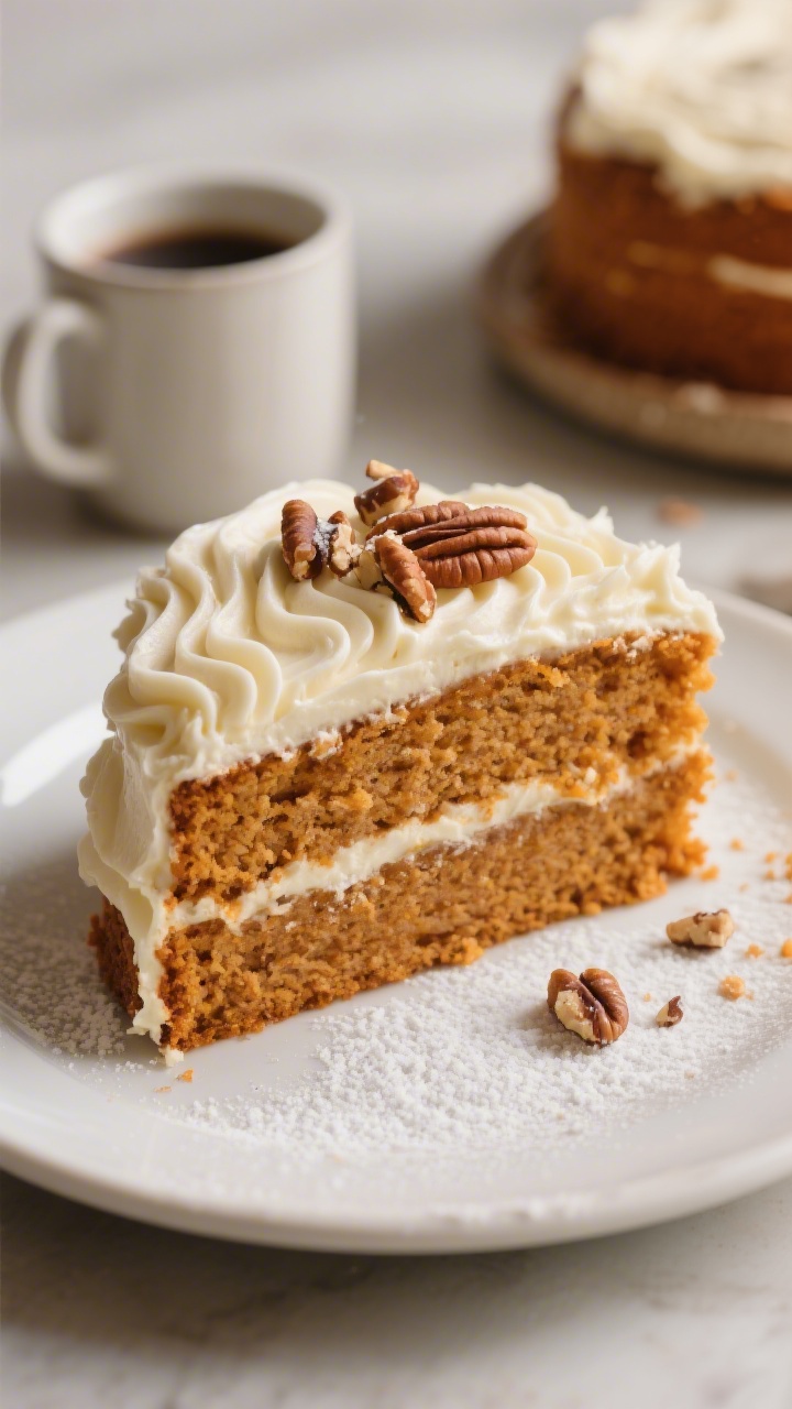 Final dish presentation: A generously frosted slice of pumpkin spice cake on a matte white dessert p