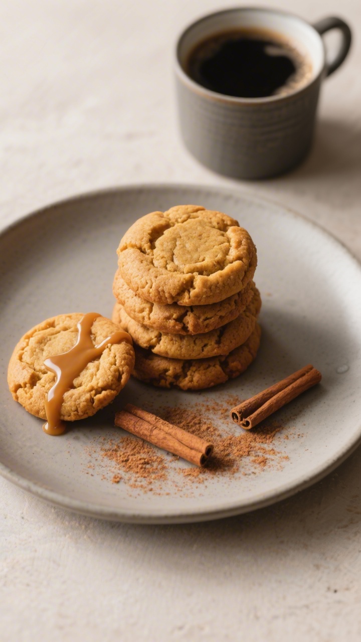 Final dish presentation: A stack of pumpkin snickerdoodle cookies on a matte ceramic plate with a fe