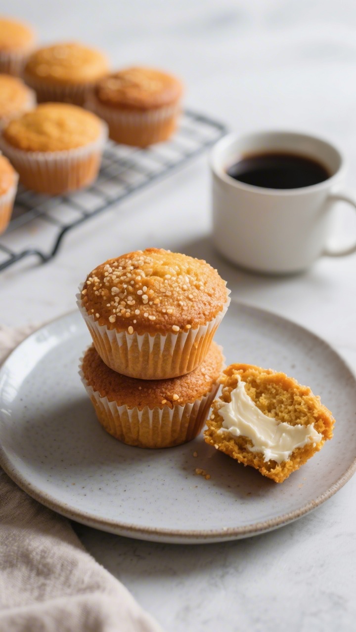 Final dish presentation: Bakery-style pumpkin cream cheese muffins stacked on a matte ceramic plate