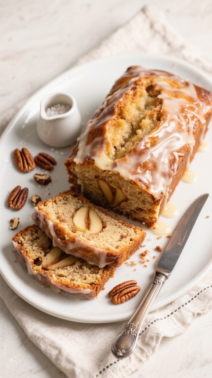 Final dish presentation: Beautifully plated apple fritter bread on a white ceramic platter, whole gl