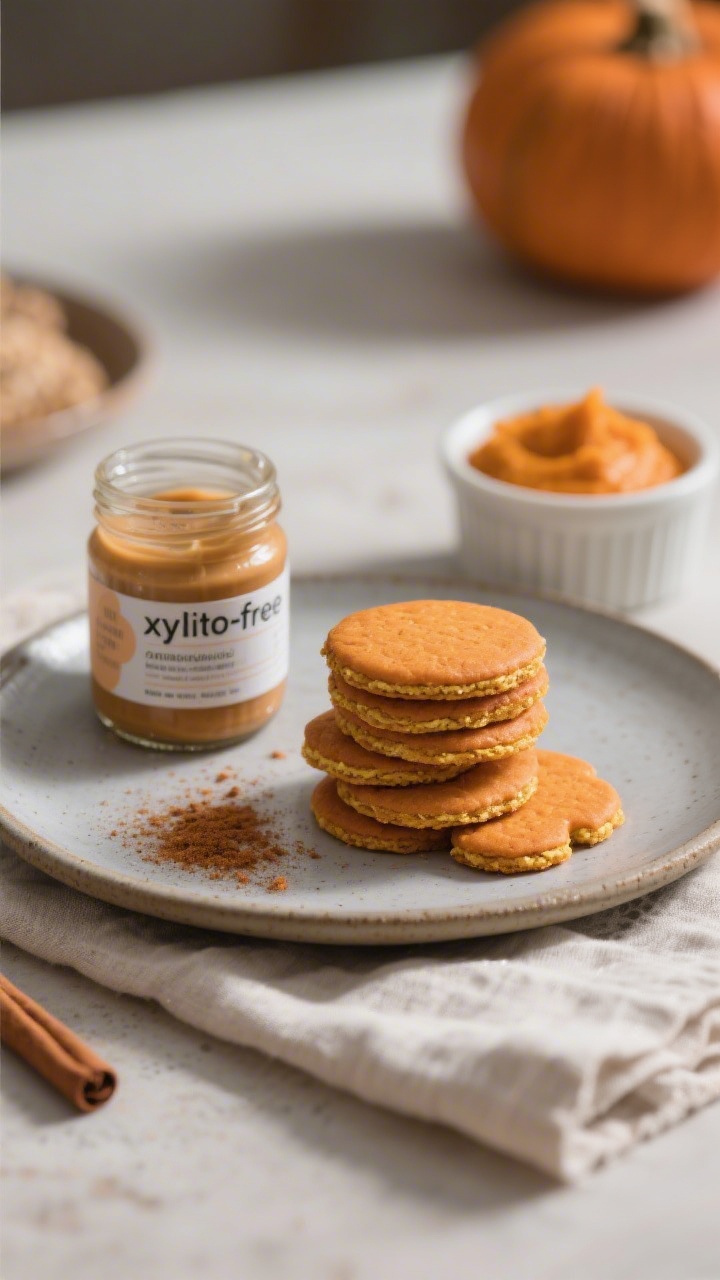 Final dish presentation: Beautifully plated pumpkin dog treats stacked and fanned on a matte stonewa