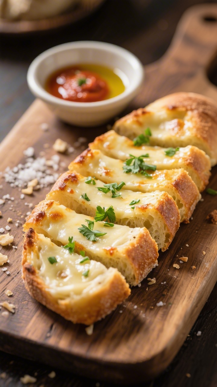 Final dish presentation: Beautifully plated sliced garlic cheese bread arranged on a rustic wooden b