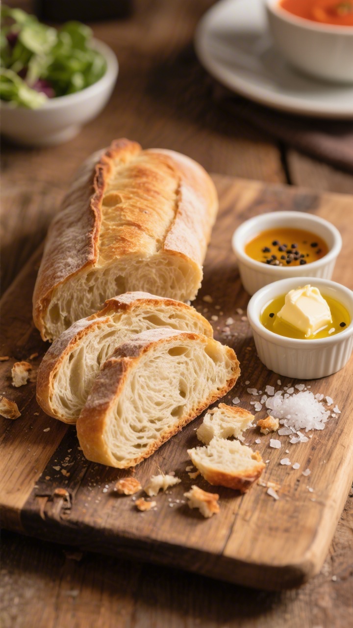 Final dish presentation: Beautifully plated slices of French bread on a rustic wooden board—one la