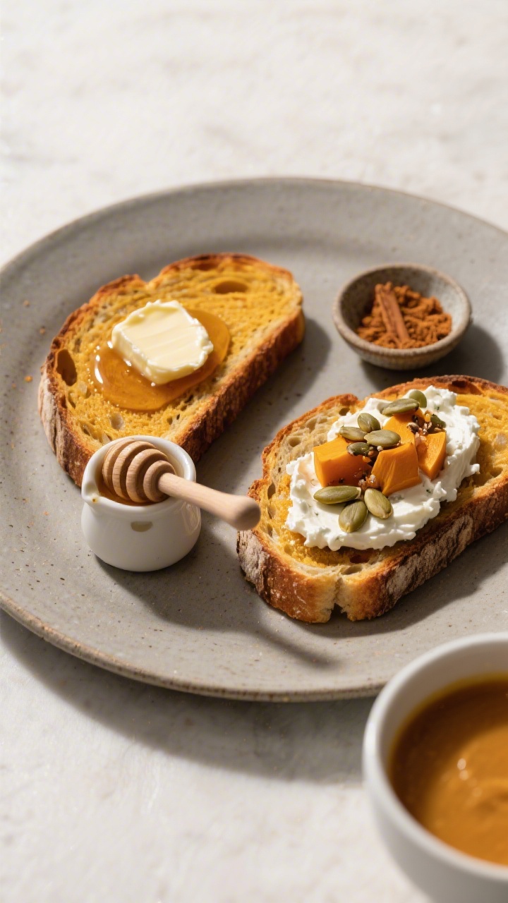 Final dish presentation: Beautifully plated slices of pumpkin sourdough toast topped two ways—one
