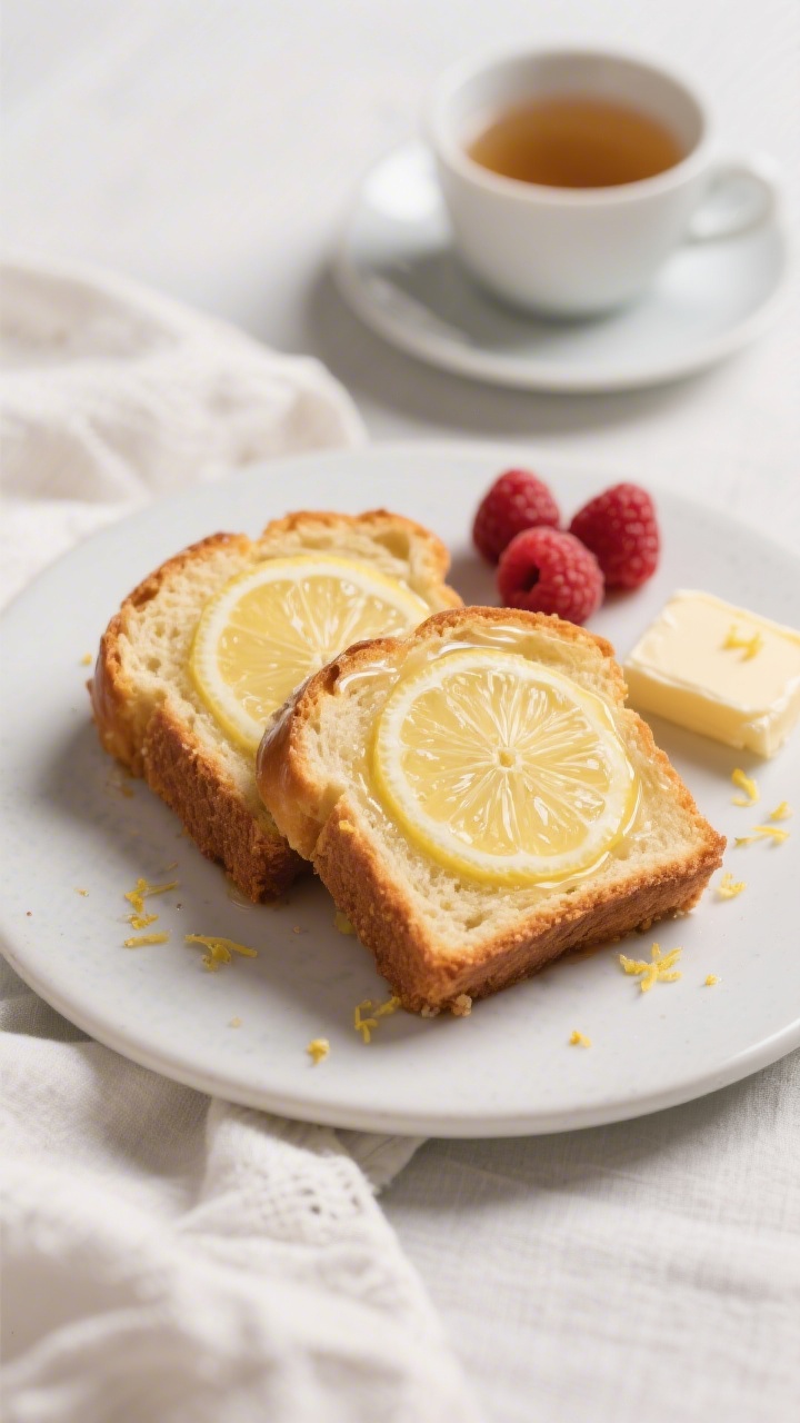 Final dish presentation: Beautifully plated slices of lemon bread on a matte white plate, two neat s