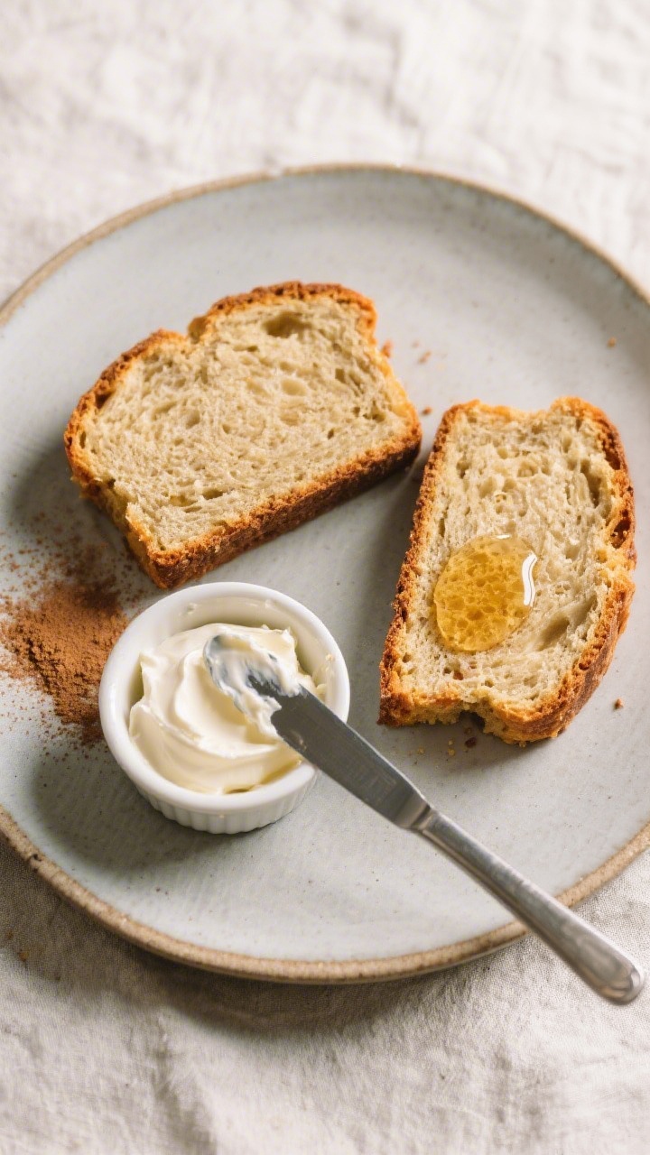 Final dish presentation: Beautifully plated sourdough banana bread on a matte ceramic plate—two ev