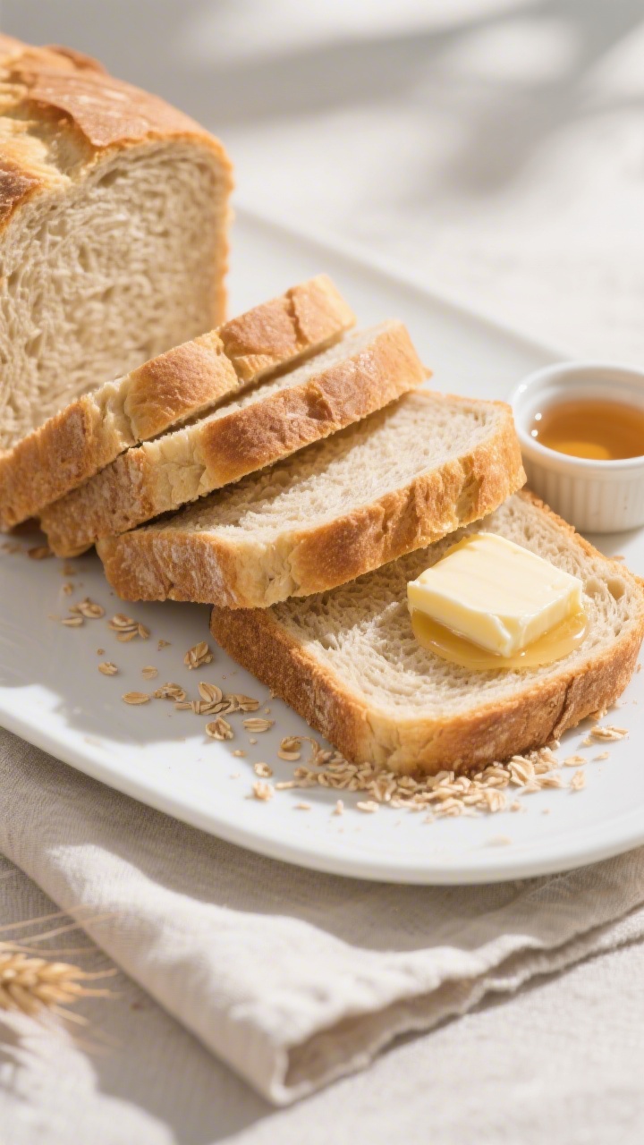 Final dish presentation: Beautifully sliced wheat sandwich loaf arranged in a fanned stack on a simp