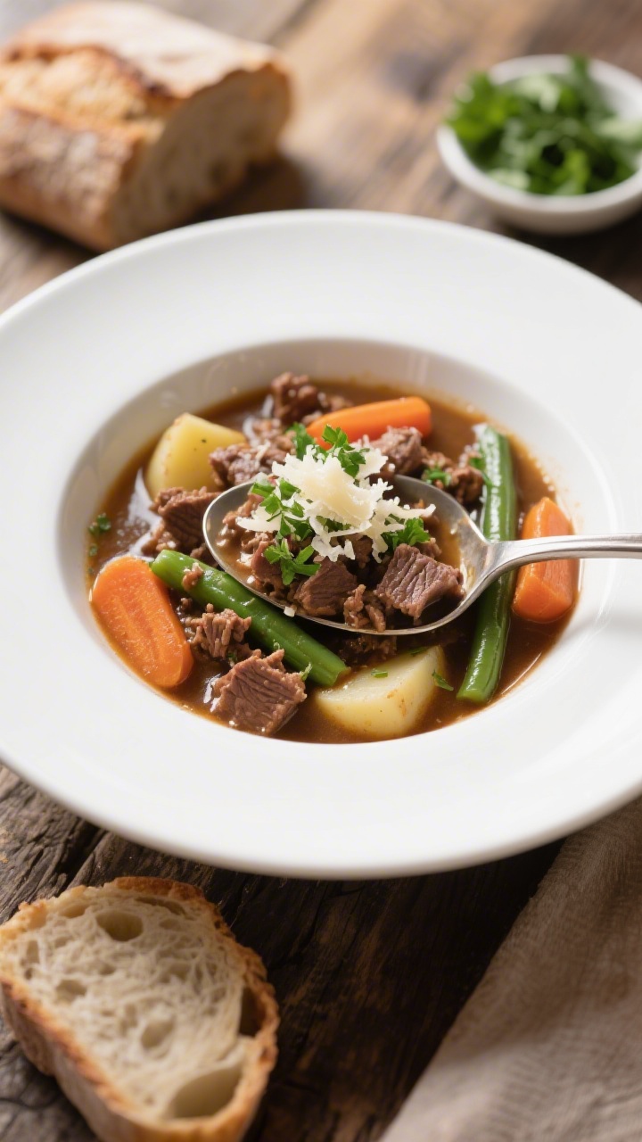 Final dish presentation – Plated bowl, garnish, and sides: Restaurant-quality close-up of a ladlef