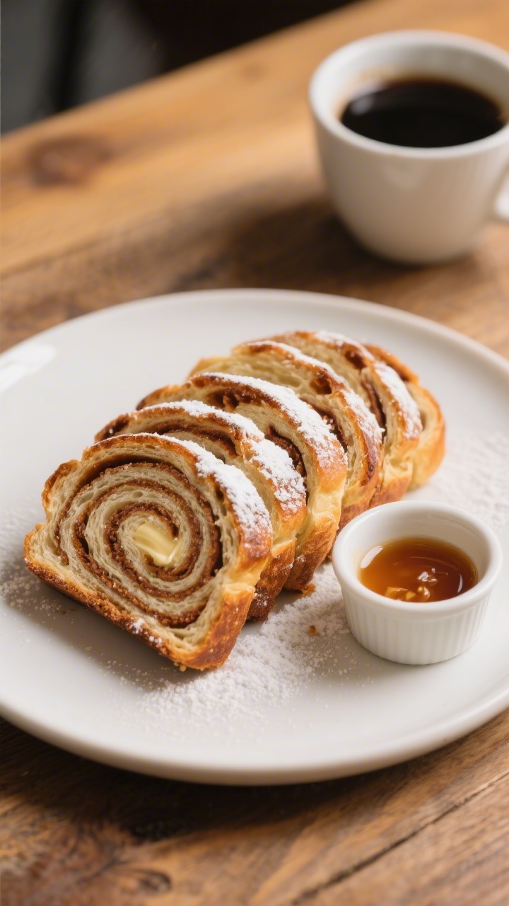 Final dish presentation: Restaurant-quality plate-up of sliced cinnamon bread arranged in a slightly
