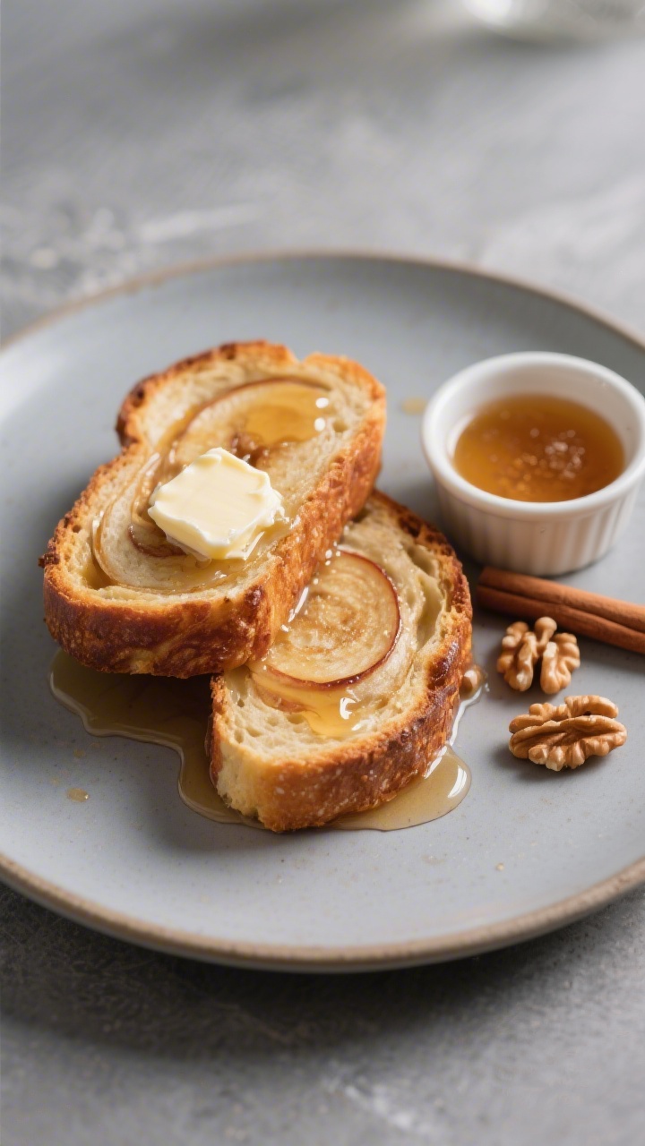 Final dish presentation: Restaurant-quality plated serving of apple cinnamon bread—two thick, toas