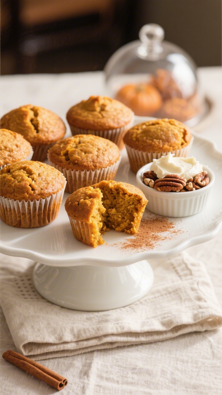 Final dish presentation: Restaurant-quality platter of pumpkin muffins arranged on a white ceramic c