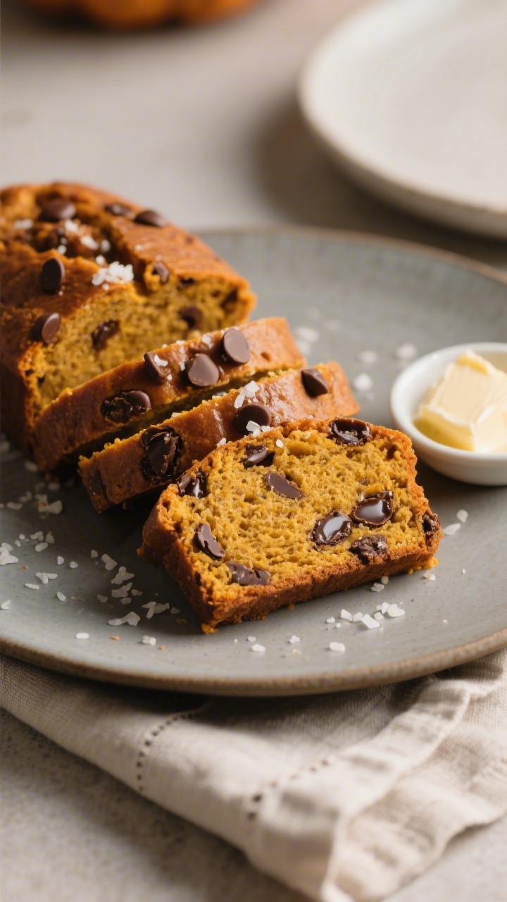 Final dish presentation: Restaurant-quality slices of pumpkin chocolate chip bread arranged slightly
