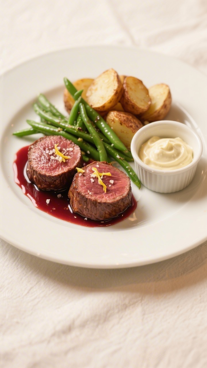 Final dish presentation: Restaurant-style plated beef tenderloin medallions on a warm white plate, d