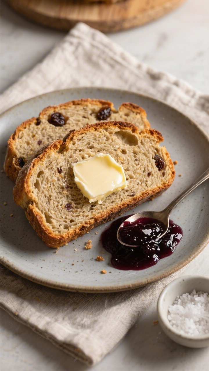 Final dish presentation: Thick slices of Irish soda bread served warm on a matte stoneware plate, pa