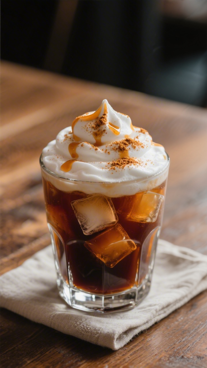 Final drink presentation: Iced cold brew in a clear rocks glass, crowned with a generous layer of pu