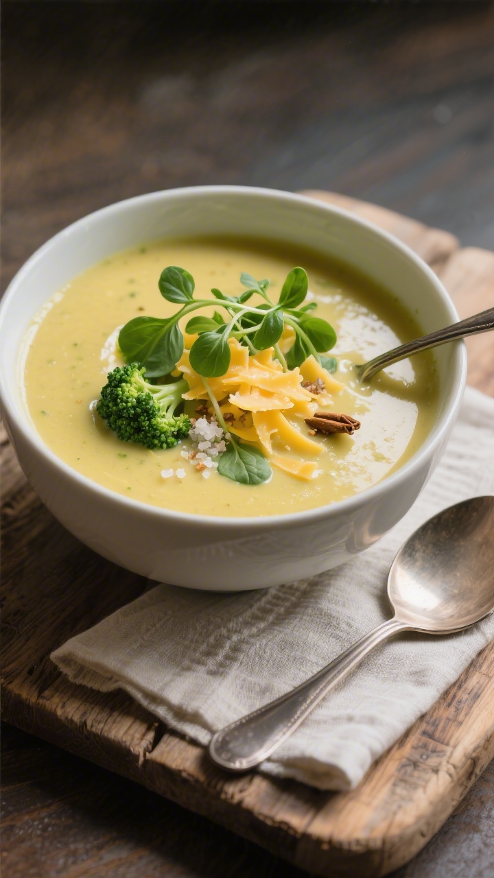 Final plated beauty: Restaurant-quality presentation of a ladled bowl of creamy cheddar broccoli sou