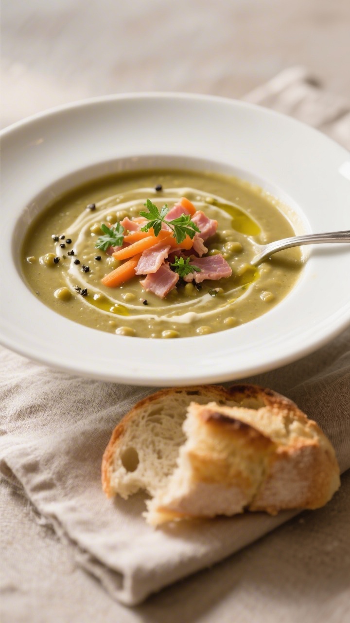 Final plated bowl: Beautifully plated split pea and ham soup in a wide, white shallow bowl, ladled t