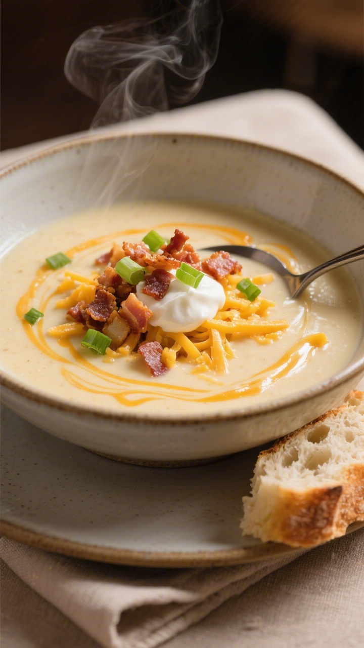 Final plated bowl beauty: A deep ceramic bowl of ultra-creamy hashbrown potato soup, finished with s