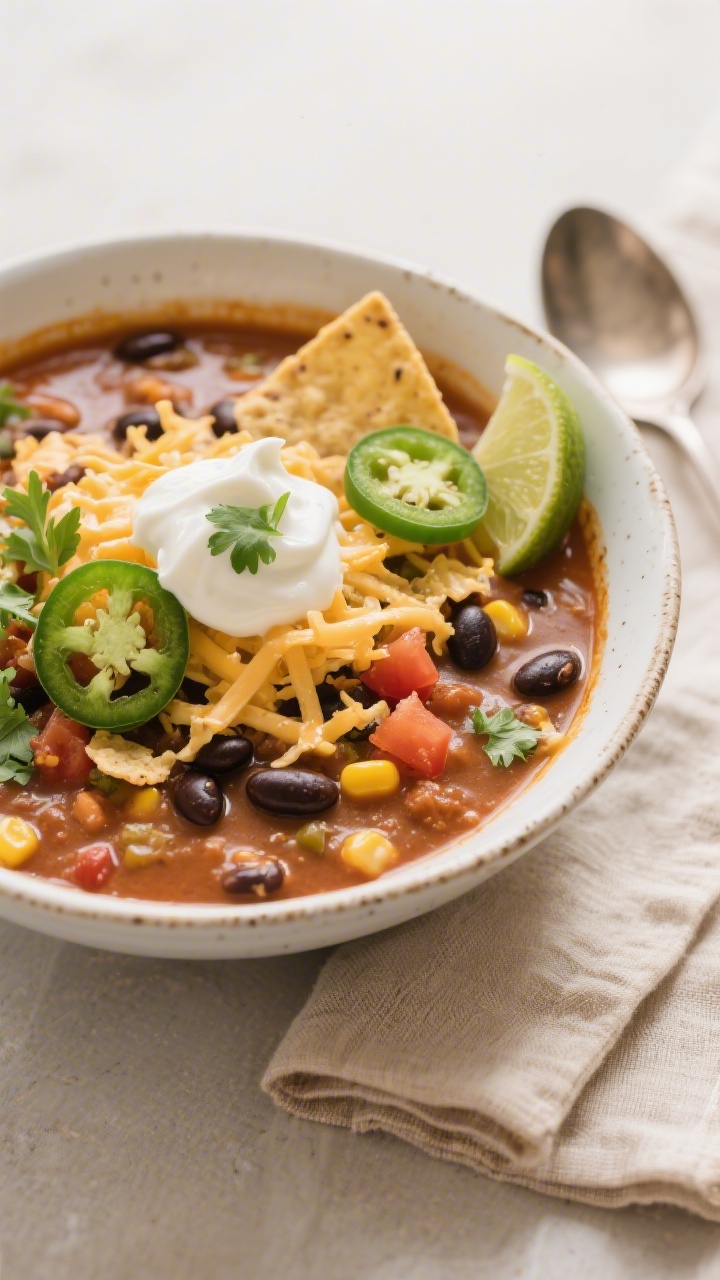 Final plated bowl beauty shot: A generously ladled bowl of taco soup presented in a wide, white cera
