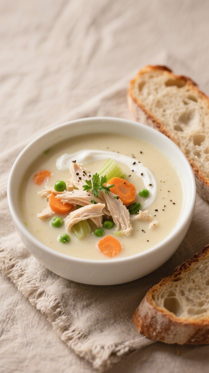 Final plated bowl, cozy presentation: Cream of chicken soup ladled into a wide white bowl, tender sh