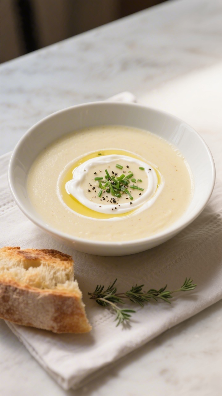 Final plated bowl: Silky potato leek soup blended smooth, served in a matte white shallow bowl; fini